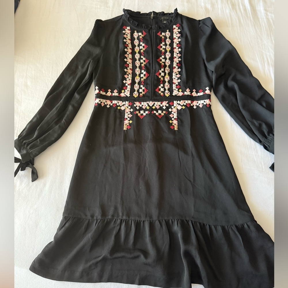 Ann Taylor Black Dress with Geometric Embroidery